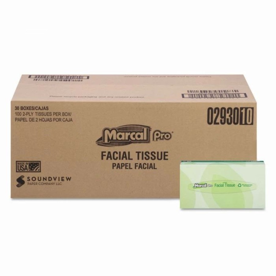 Restroom Supplies * | Toilet Paper And Tissues Marcal 100% Recycled 2-Ply Facial Tissue, Convenience Pack,100 Sheets/Box, 30 Boxes/Carton